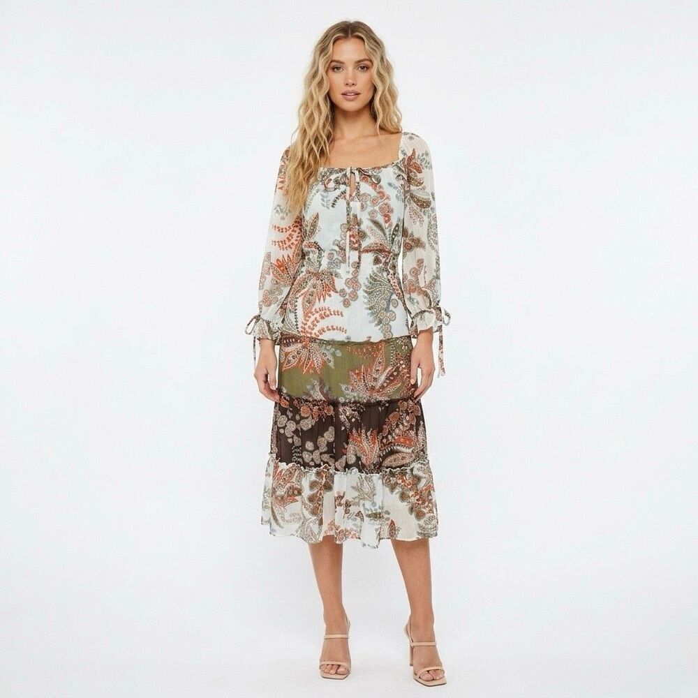 Fig & Flower Midi Dress Floral Paisley Tiered Boho Peasant Cottagecore Large